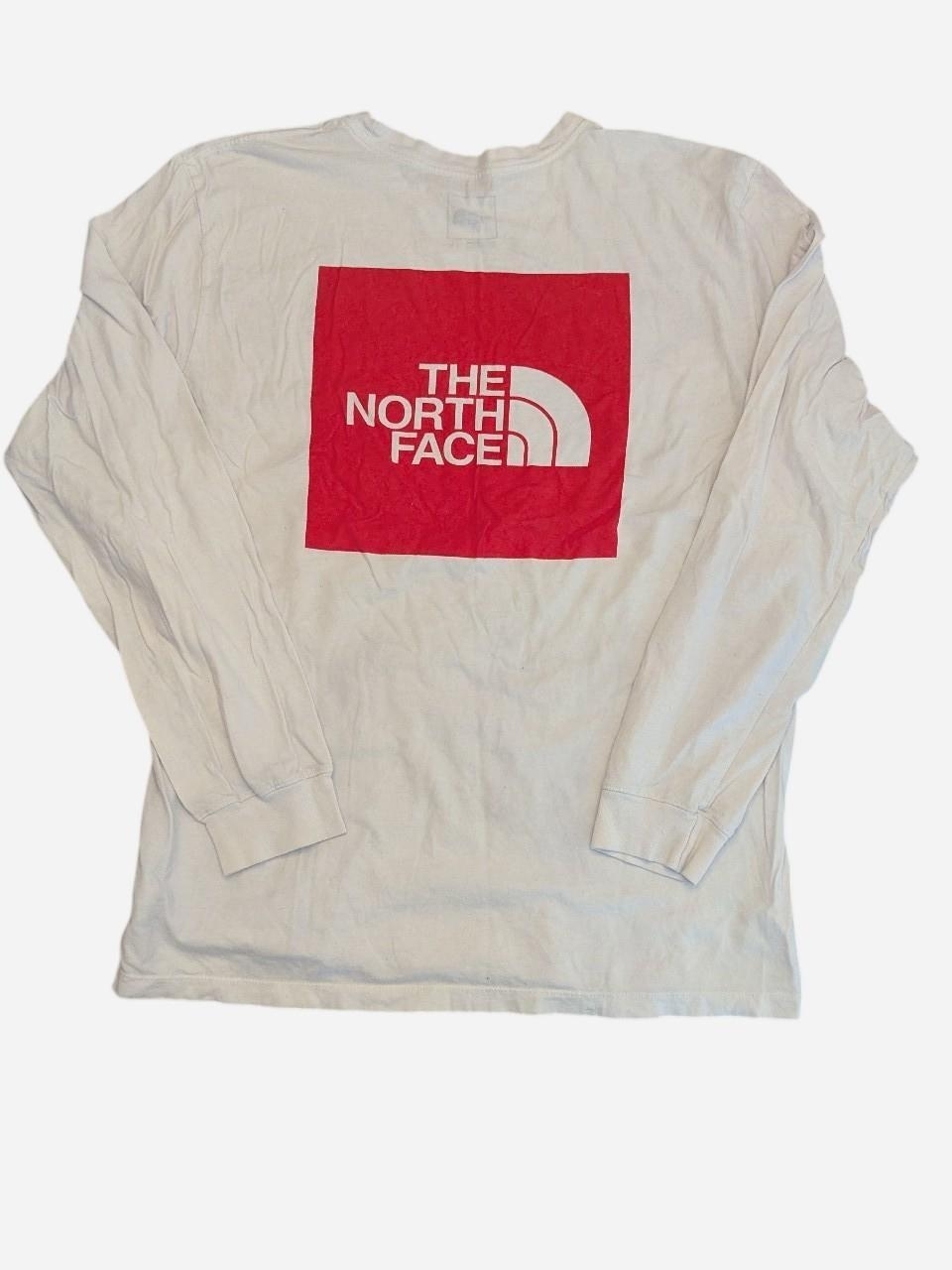 The North Face White Crew Neck Long Sleeve Tee With Red Logo